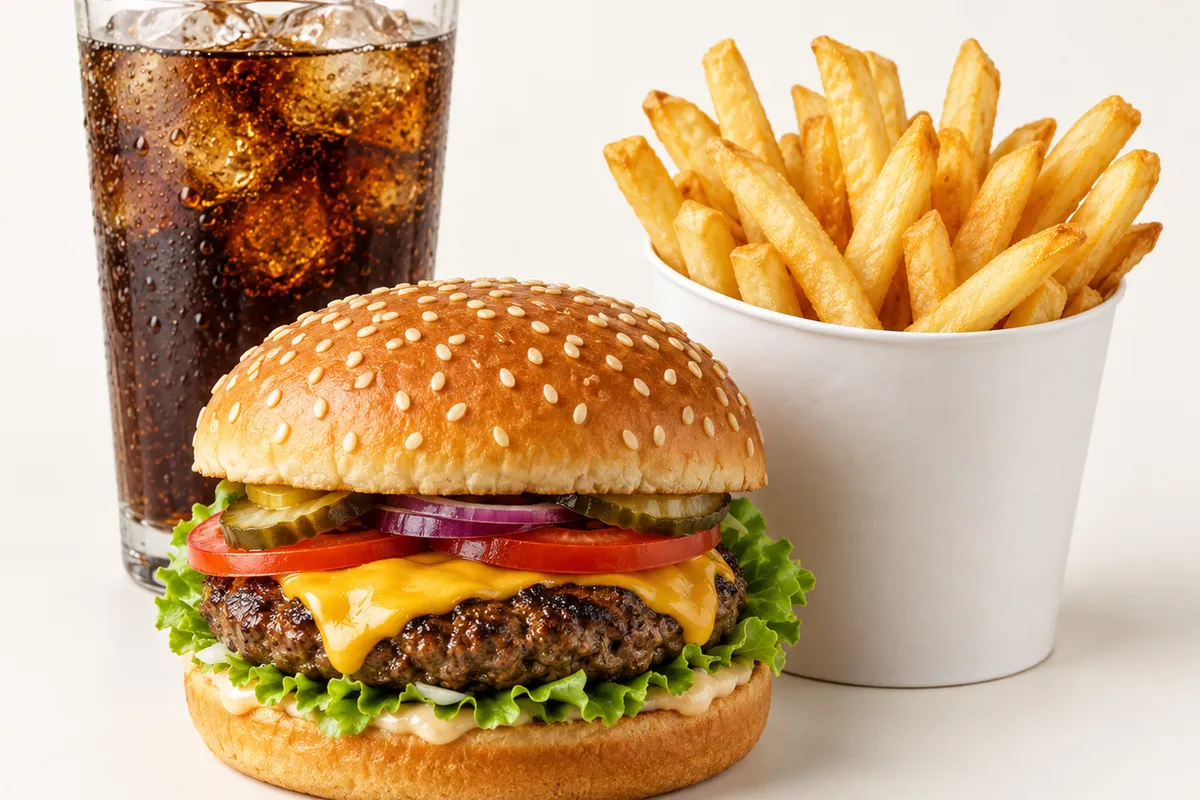 Burger mit Pommes und einem Getränk